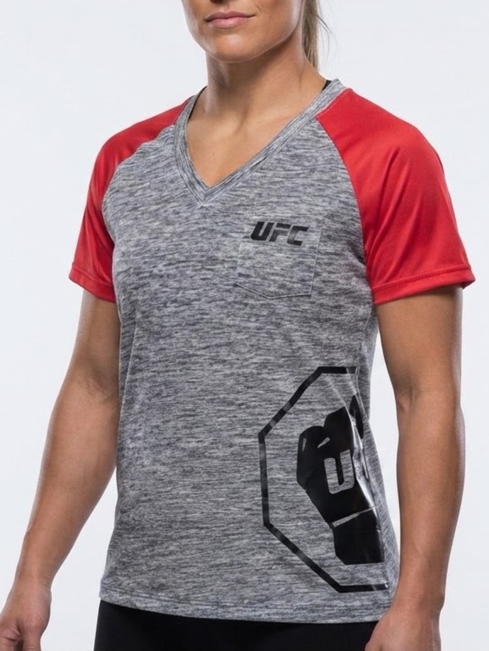 NWOT UFC Women’s V-Neck Raglan Tee Heather Gray Red Sleeves Size Large